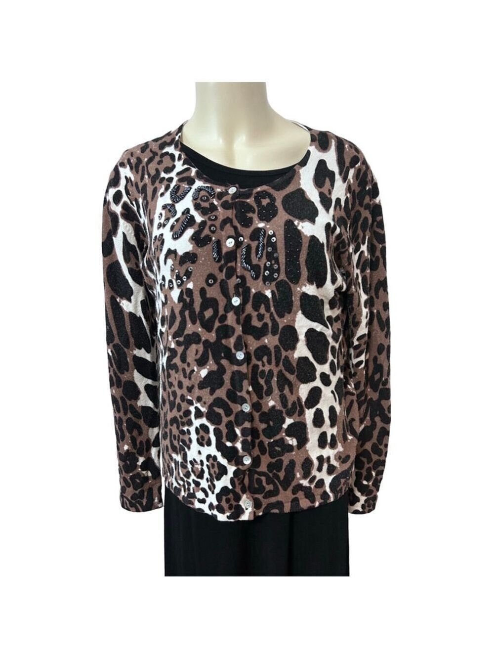 Pierri New York Leopard Print Beaded Sequin Cardigan Size L